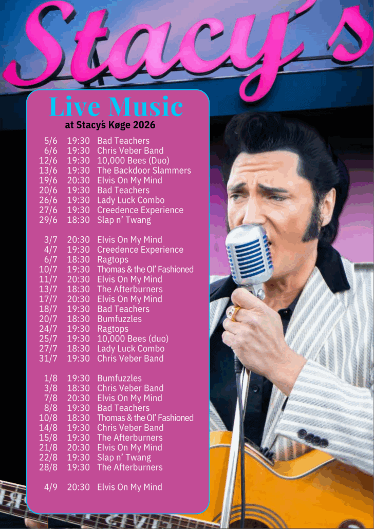 Live musik på Stacy’s Diner Køge. Live musik program for 2026 på Bådehavnen 1 - Køge Marina.