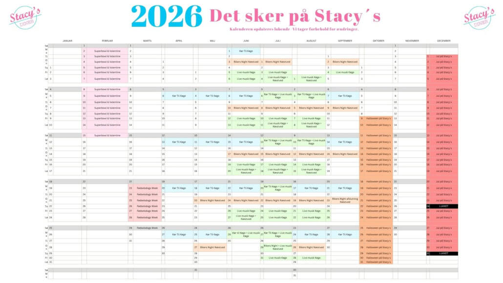 Arrangementer på Stacy’s Diner år 2026. Årskalender for Stacy’s Diner Køge og Næstved.