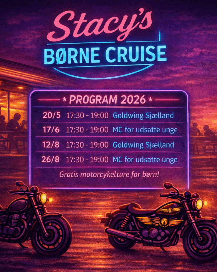 Stacy’s Børne Cruise. Gratis motorcykelture for børn. På udvalgte onsdage fra Stacy’s diner Næstved.