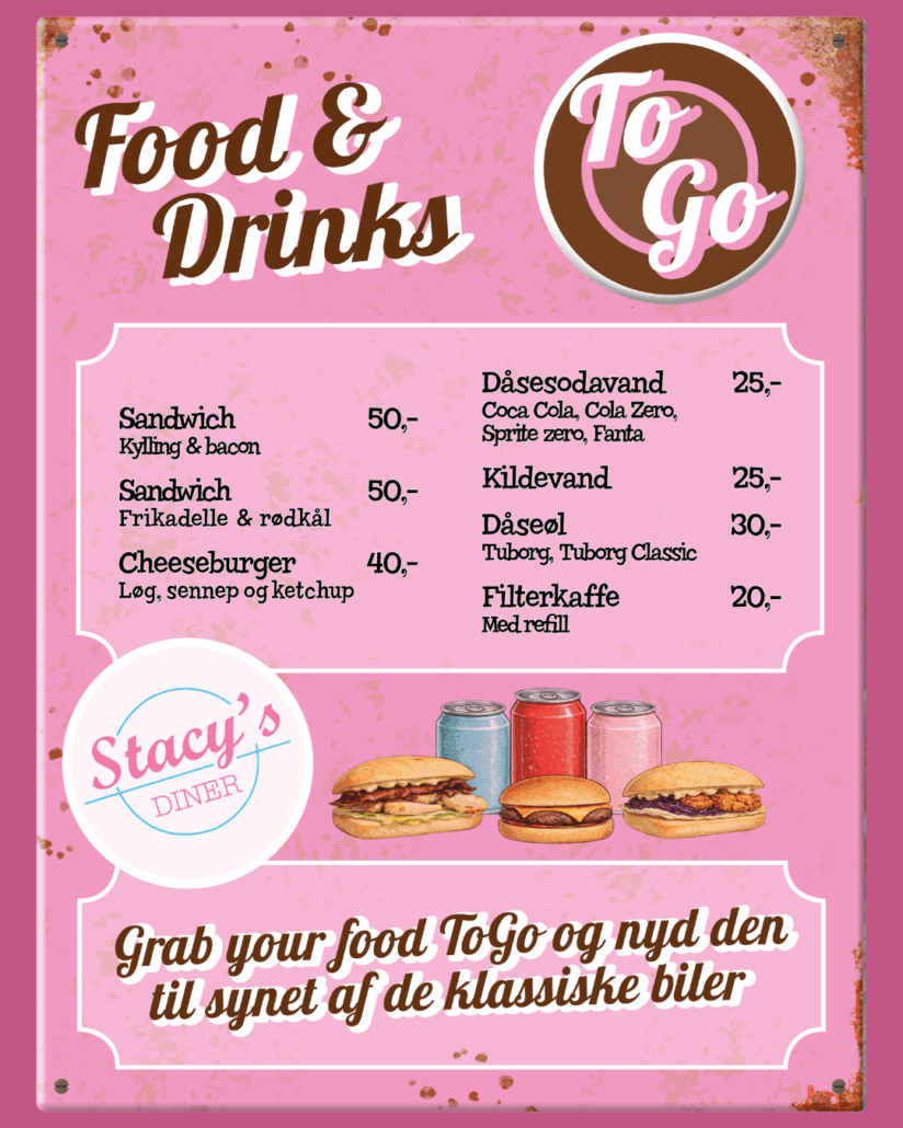 Mad to go fra Stacy’s Diner til Kør til Køge på Køge Marina. Hver mandag 2026.