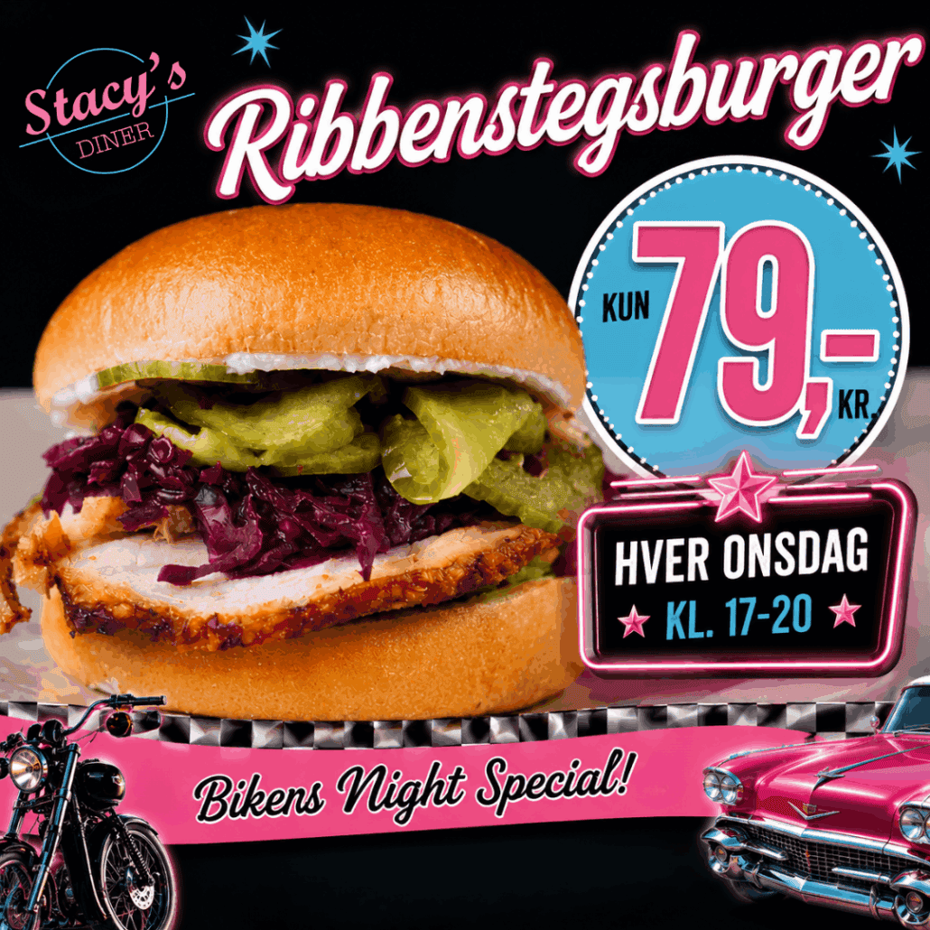Bikers Night Tilbud på Stacy’s Diner Næstved. Ribbenstegsburger på Stacy’s Diner. Tilbud hver onsdag hele sommeren til motorcykeltræf,