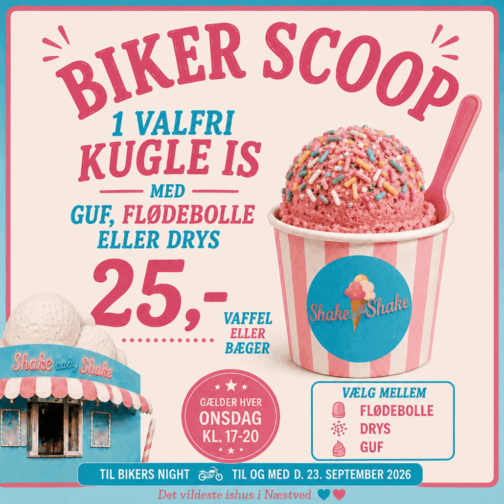 Biker scoop - Tilbud på Shake Baby Shake ishuset i Næstved. Hver onsdag er der tilbud i ishuset ved Stacys Diner.