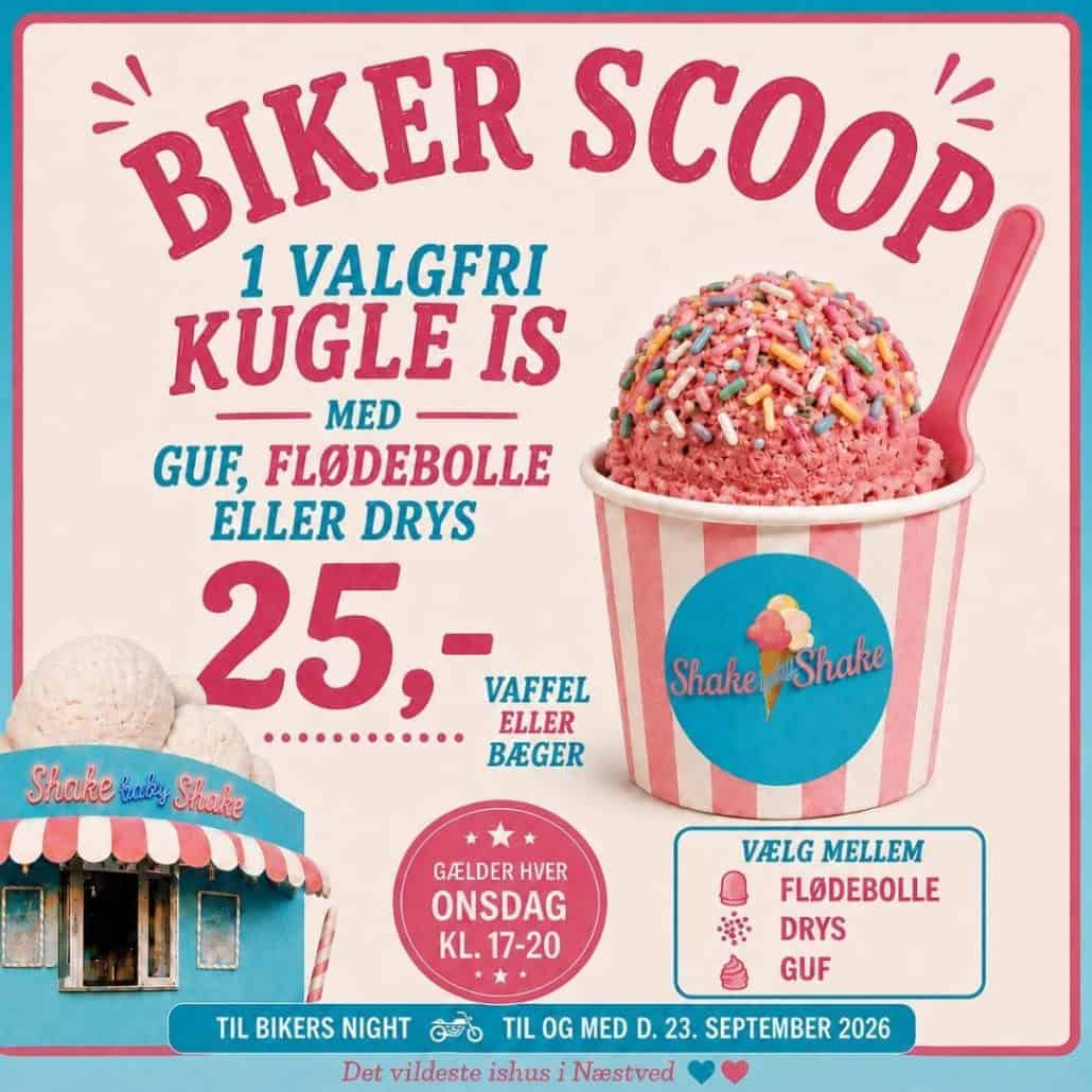 Biker scoop - Tilbud på Shake Baby Shake ishuset i Næstved. Hver onsdag er der tilbud i ishuset ved Stacys Diner.